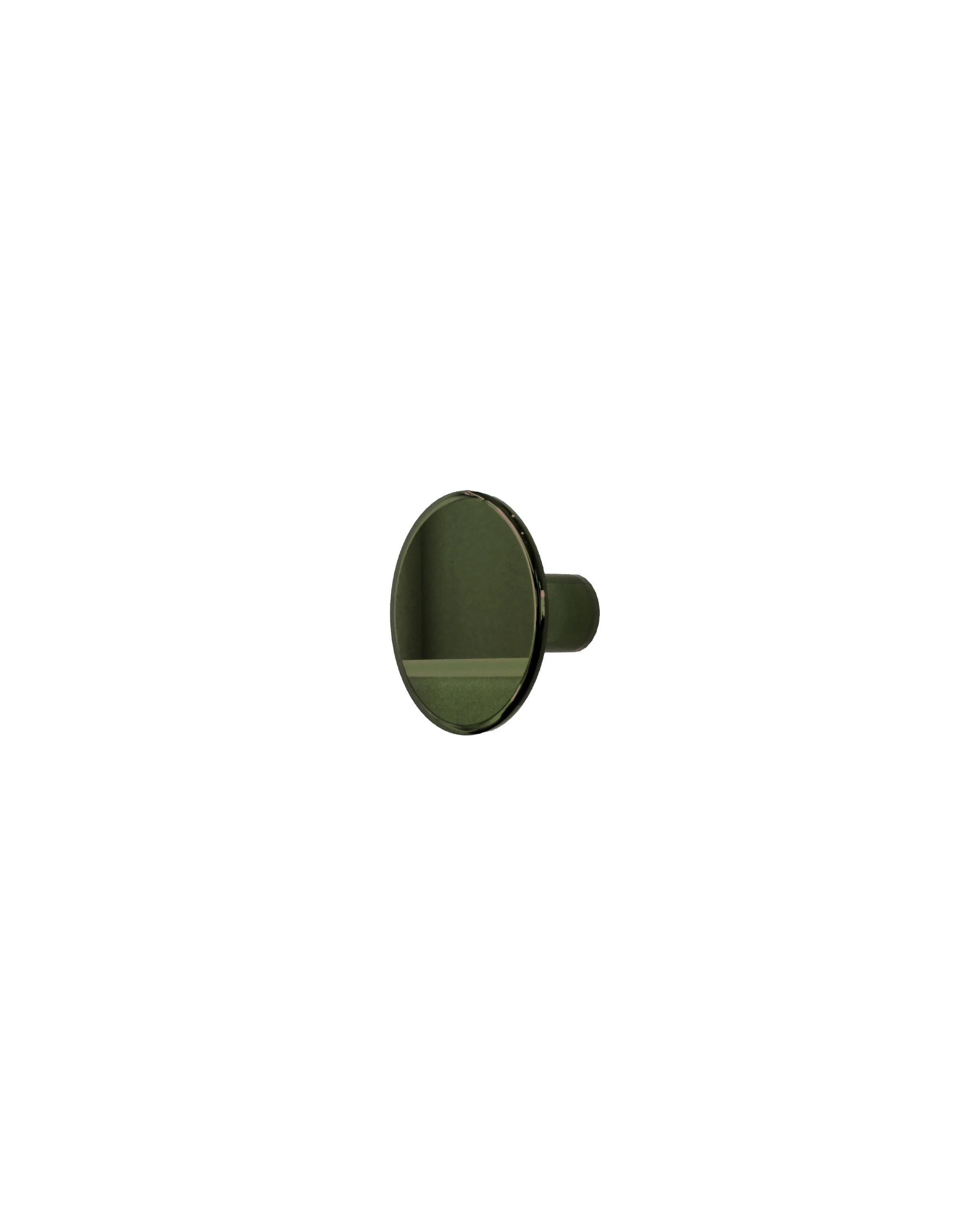 A green, round handle with a shiny surface, seen on the side, on a white background. 